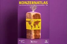 Zu sehen ist das Cover des Konzernatlas: Die Illustration ist eine Tüte Toastbrot in einer durchsichtigen Plastikverpackung, auf der eine Weltkarte abgebildet ist.