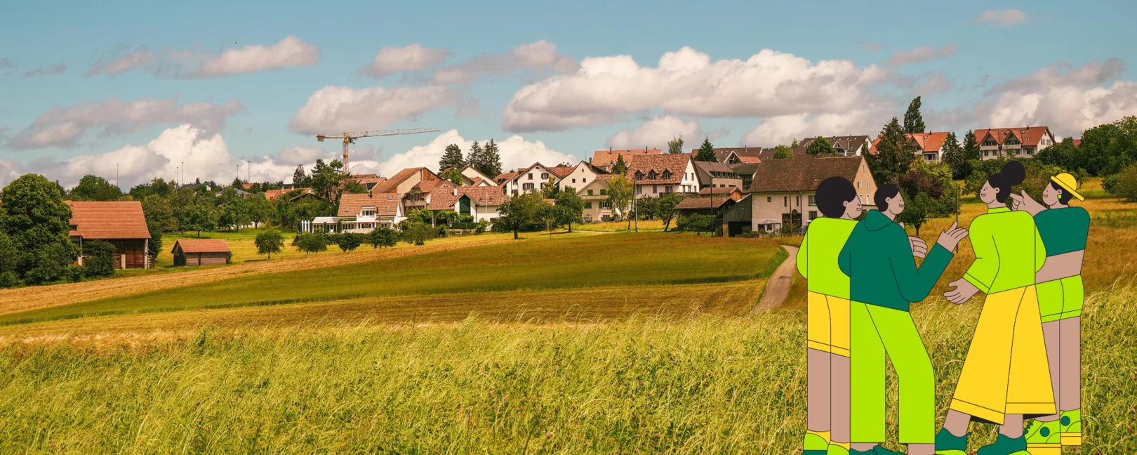 Gruppe von Menschen die sich in einer Diskussion befinden vor Dorf