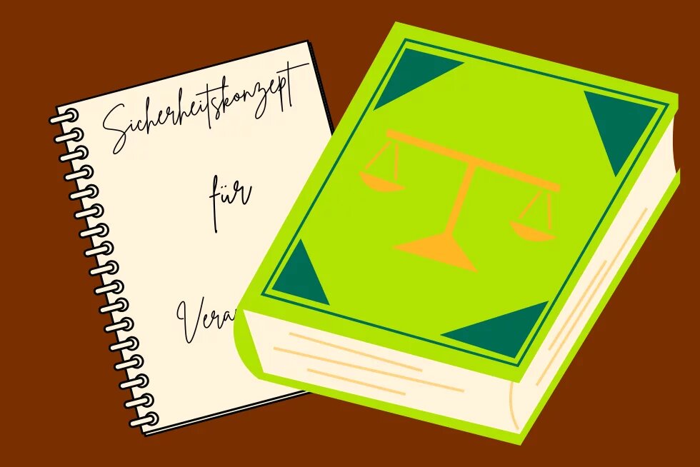 Auf einem Tisch liegt ein Gesetzbuch und ein Sicherheitskonzept für Veranstaltungen